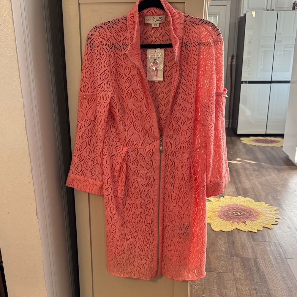 Simply Noelle Coral Peach Crochet Zip Front Cover up/ Lightweight jacket